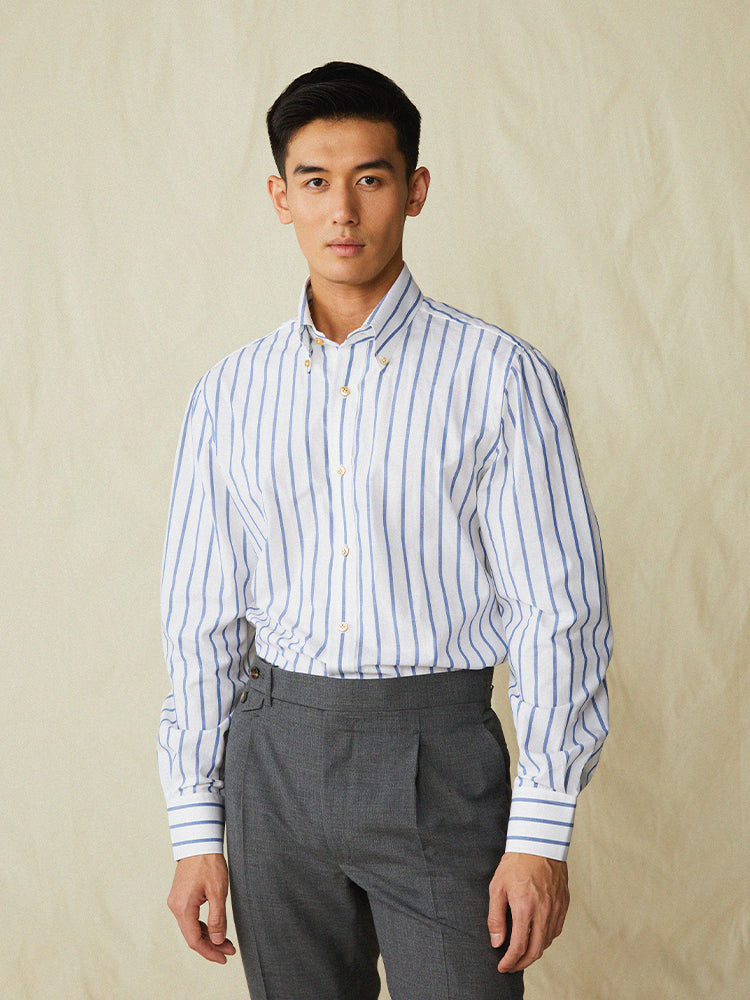 Cotton Wide Stripe Handcrafted Shirt - White & Blue/Piero Tonella