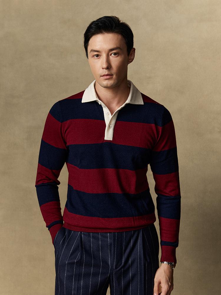 Wool/Cashmere Stripe LS Joint Polo - Navy/Red