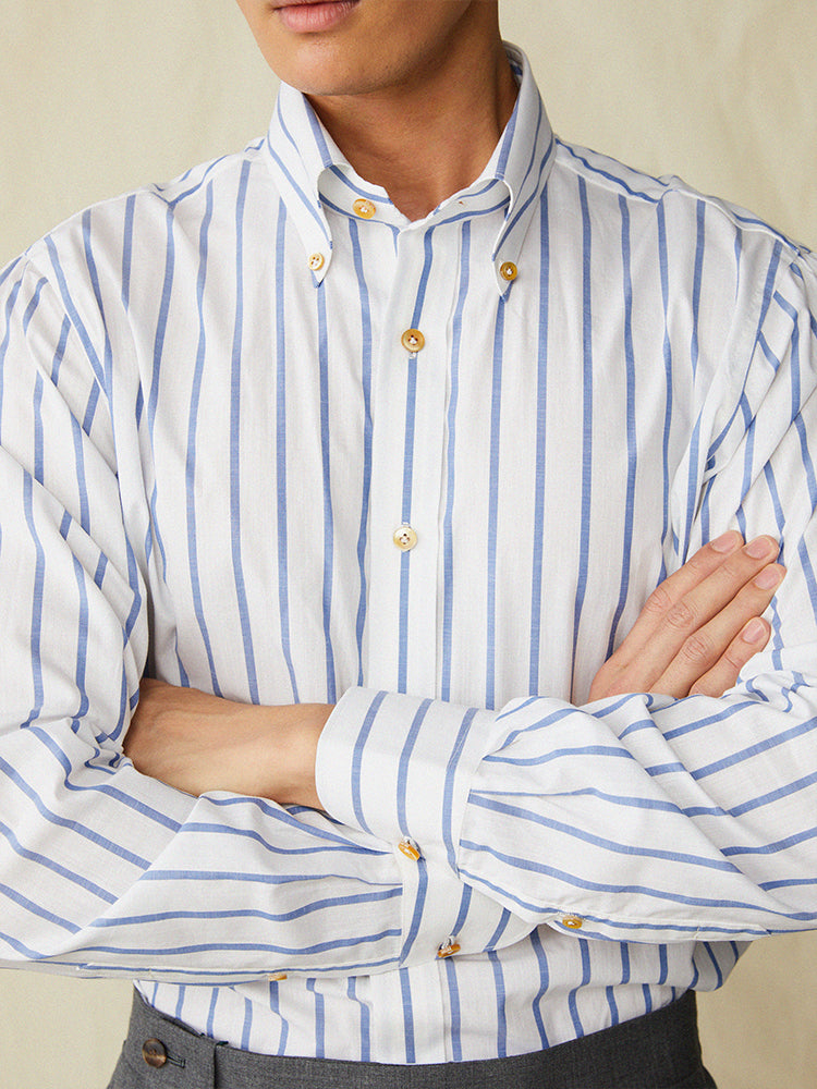 Cotton Wide Stripe Handcrafted Shirt - White & Blue/Piero Tonella