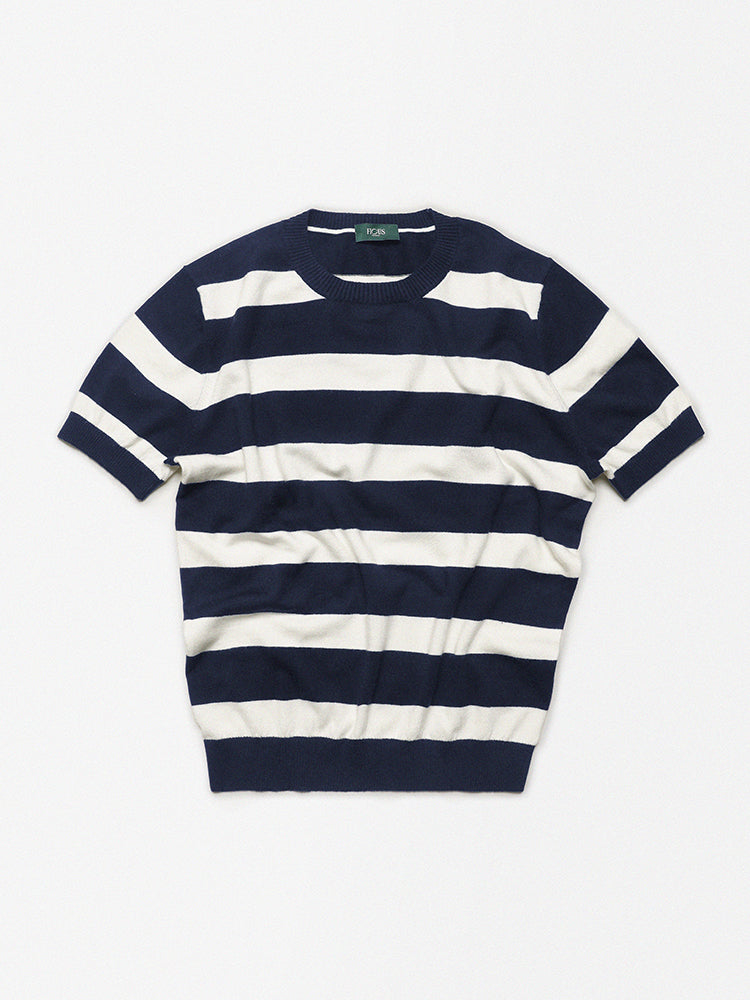 Cashco Cotton/Cashmere Knitted T- Shirt In Navy & White Stripes
