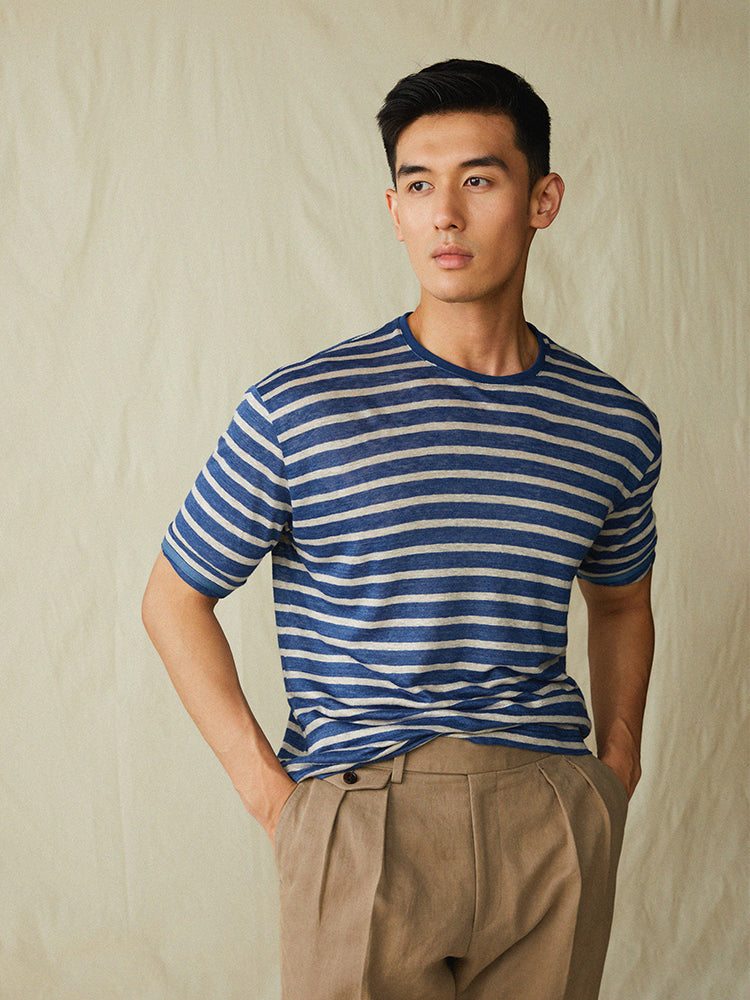 PREMIÈRE Linen Stripe Short-Sleeved T-shirt In Blue & White