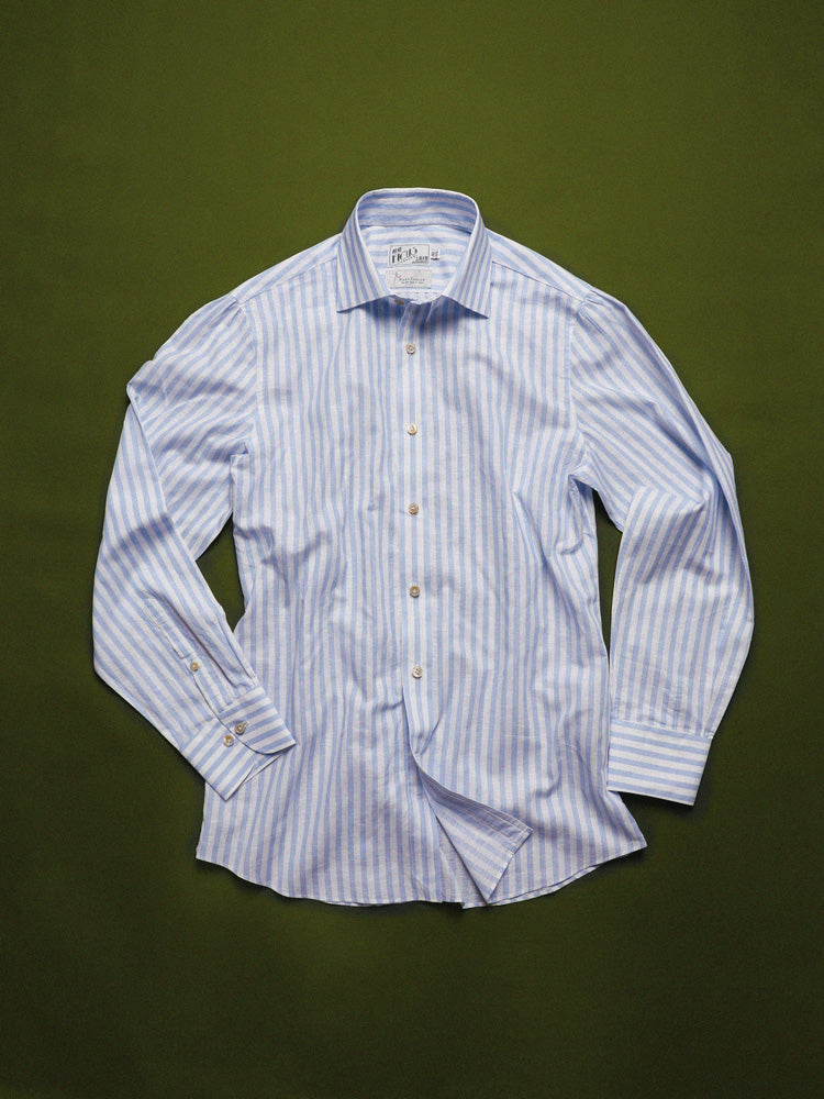 Broad Striped Spread Collar Handcrafted Shirt - White & Blue / Piero Tonella