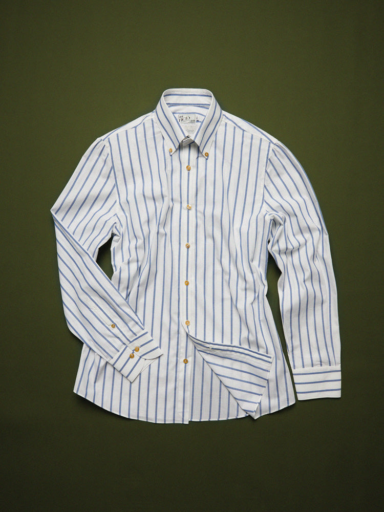 Cotton Wide Stripe Handcrafted Shirt - White & Blue/Piero Tonella