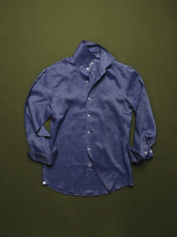 Linen Half One-Piece Collar Handcrafted Shirt - Navy / Albini
