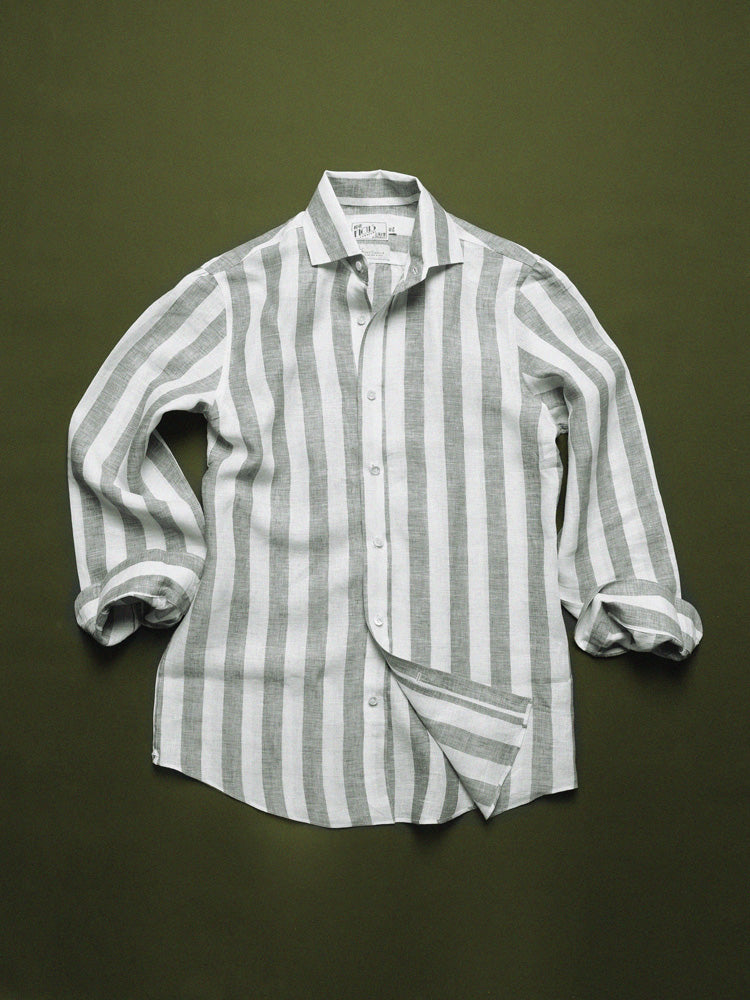Linen Broad Striped Half One-Piece Collar Handcrafted Shirt - White & Sage / Piero Tonella