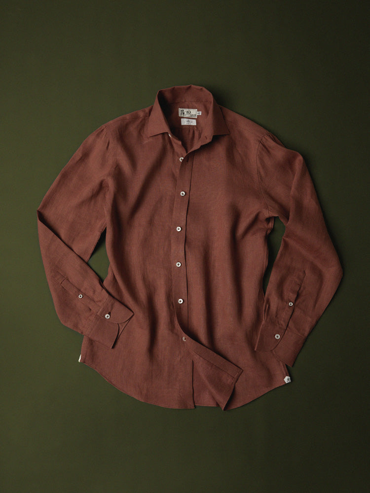 Neapolitan Linen/Silk Half One Piece Collar Handcrafted Shirt - Dark Red/Albini