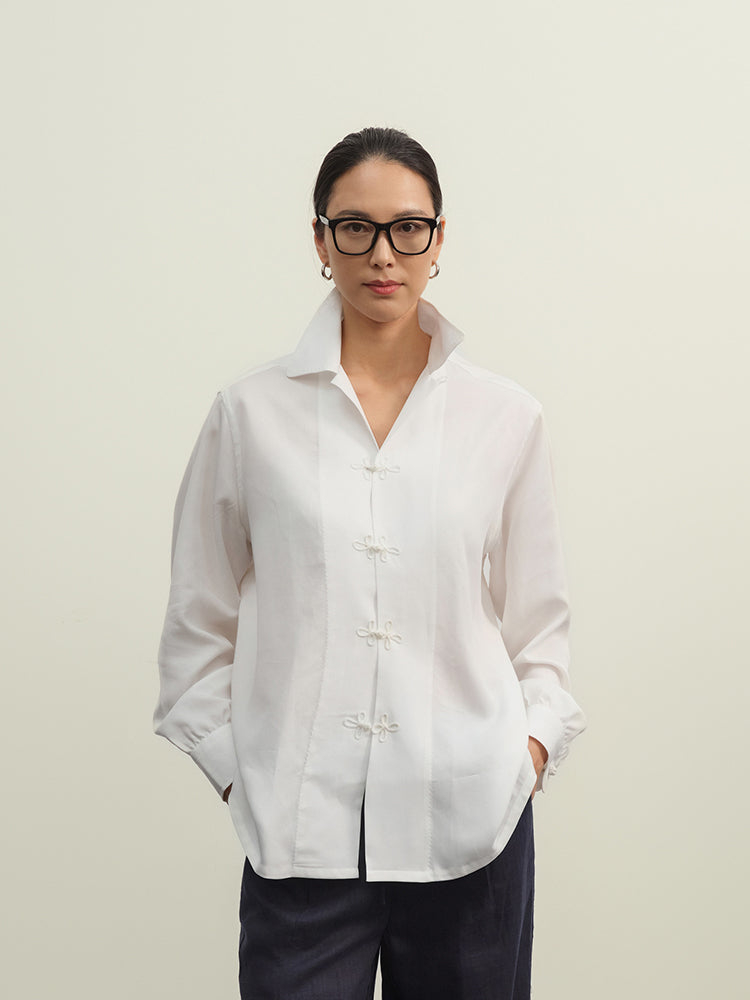 White Camp Collar Frogged Handcrafted Shirt - Women's
