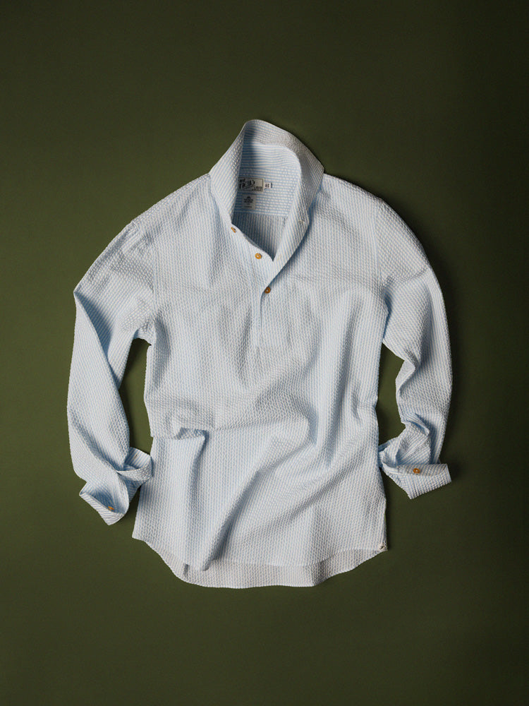 Neapolitan Cotton Seersucker Stripe Handcrafted Polo Shirt - White & Blue/Thomas Mason