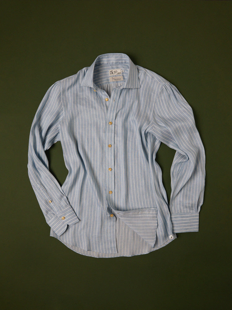 Neapolitan Cotton/Linen Reverse Stripe Spread Collar Handcrafted Shirt - Blue & White/Piero Tonella
