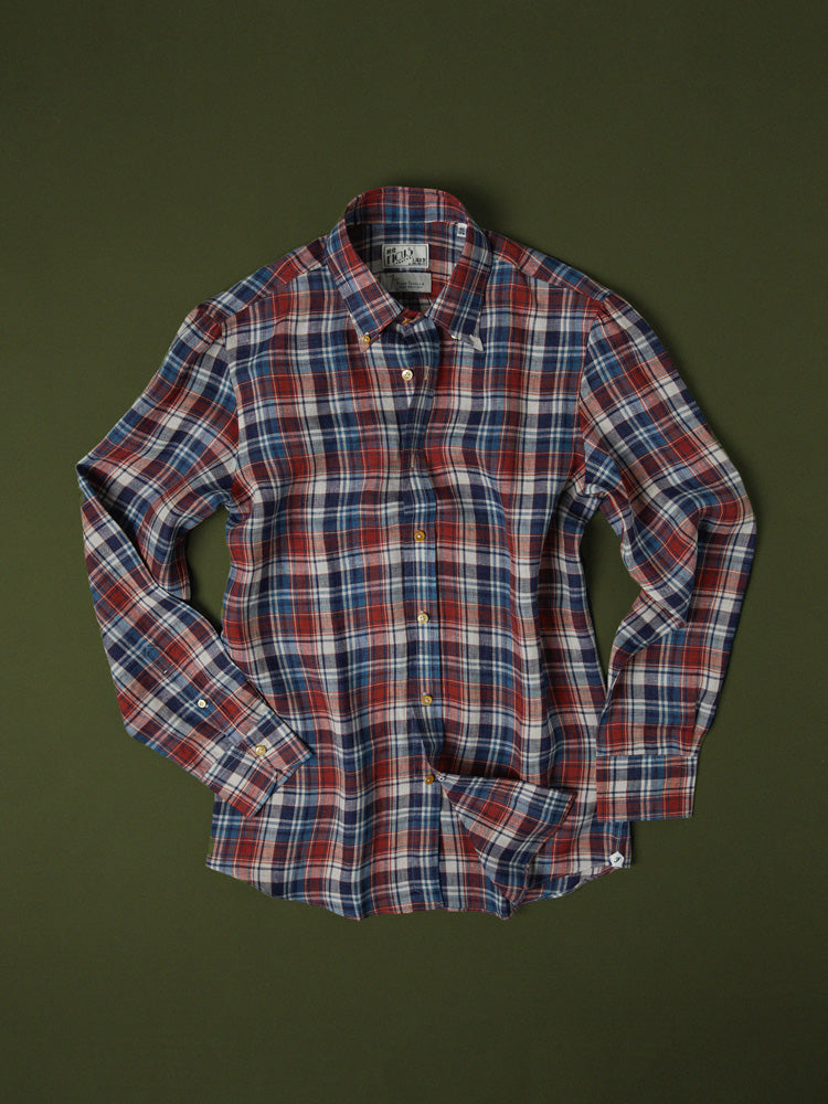 Neapolitan Linen Multi Check Button-Down Handcrafted Shirt - Ecru, Navy & Red/Piero Tonella