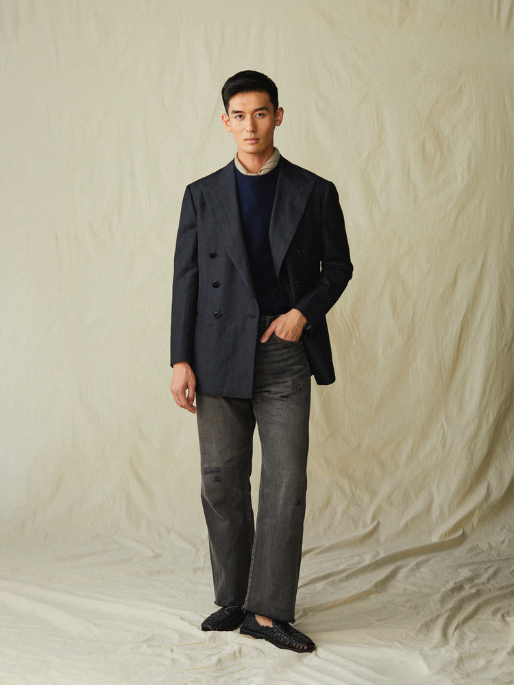 Wool-Linen Double-Breasted Blazer – Black Herringbone / Angelico