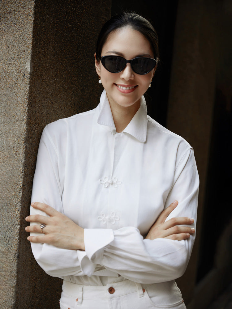 White Camp Collar Frogged Handcrafted Shirt - Women's