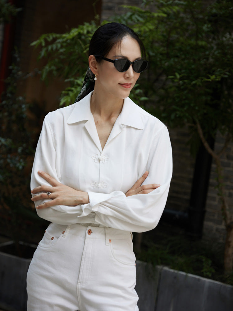 White Camp Collar Frogged Handcrafted Shirt - Women's