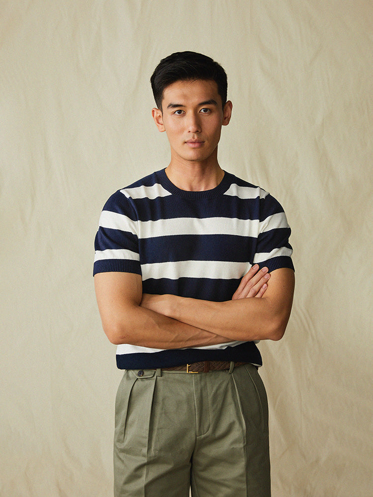 Cashco Cotton/Cashmere Knitted T- Shirt In Navy & White Stripes