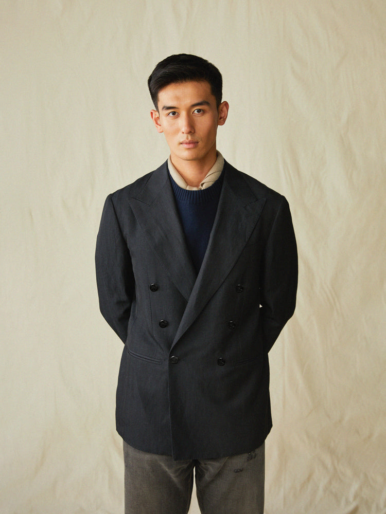 Wool-Linen Double-Breasted Blazer – Black Herringbone / Angelico