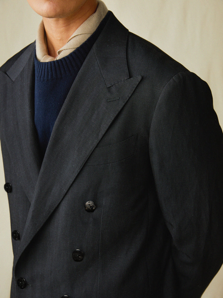 Wool-Linen Double-Breasted Blazer – Black Herringbone / Angelico