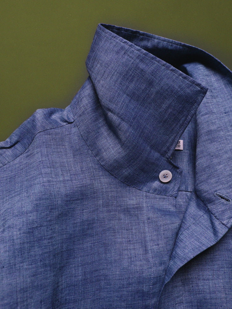Linen Half One-Piece Collar Handcrafted Shirt - Navy / Albini