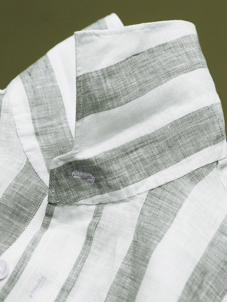 Linen Broad Striped Half One-Piece Collar Handcrafted Shirt - White & Sage / Piero Tonella