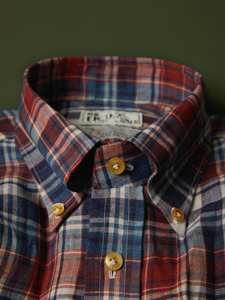 Neapolitan Linen Multi Check Button-Down Handcrafted Shirt - Ecru, Navy & Red/Piero Tonella