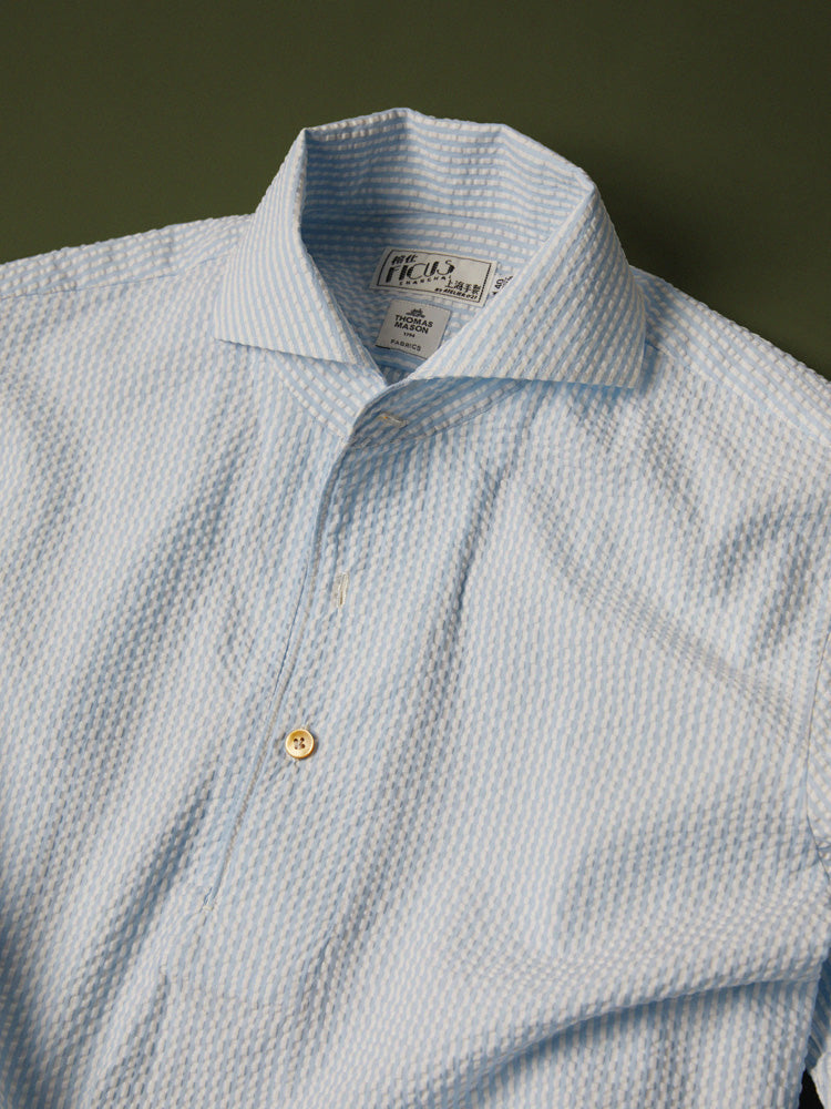 Neapolitan Cotton Seersucker Stripe Handcrafted Polo Shirt - White & Blue/Thomas Mason