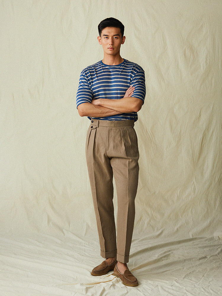 PREMIÈRE Linen Stripe Short-Sleeved T-shirt In Blue & White