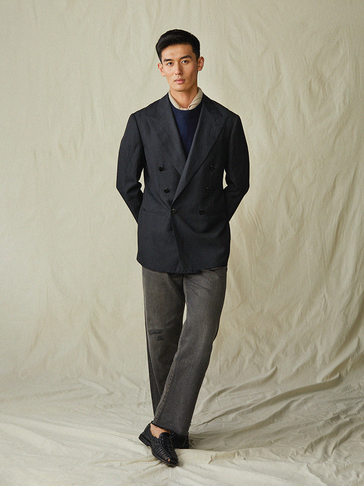 Wool-Linen Double-Breasted Blazer – Black Herringbone / Angelico