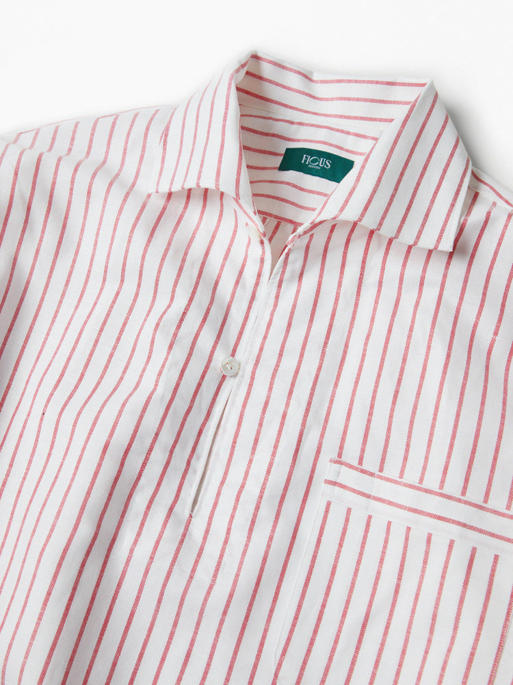 Cotton Linen One-Piece Collar Polo Pullover Shirt - Red & White (Unisex)