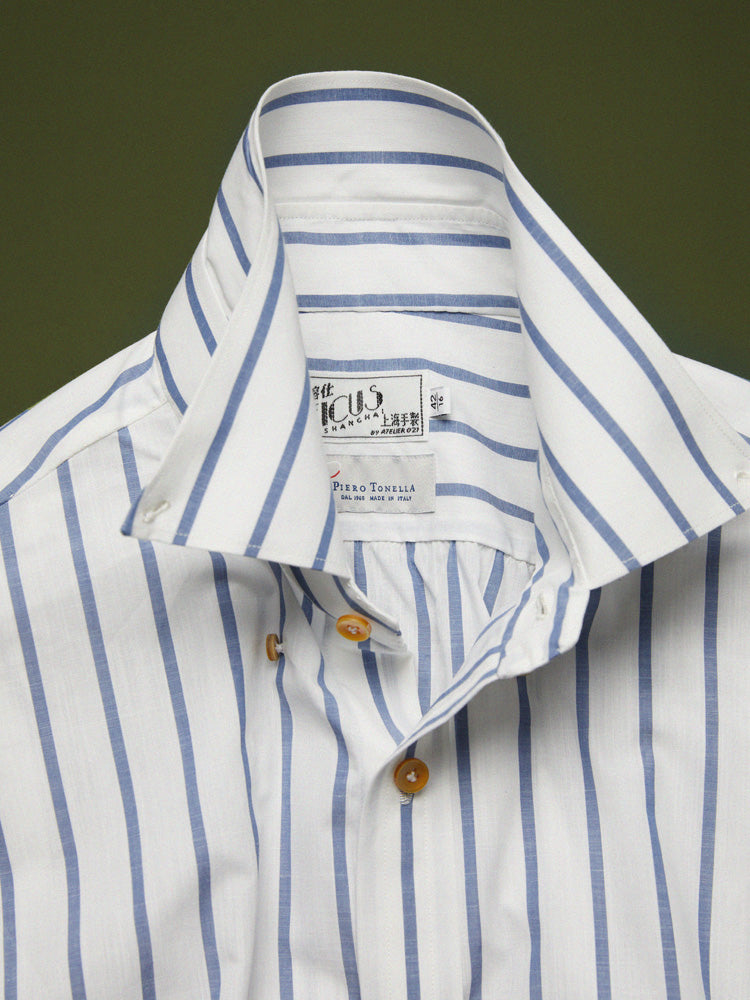 Cotton Wide Stripe Handcrafted Shirt - White & Blue/Piero Tonella