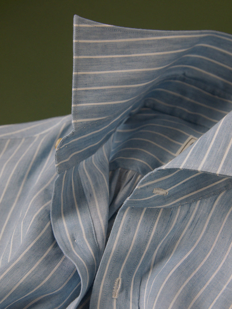 Neapolitan Cotton/Linen Reverse Stripe Spread Collar Handcrafted Shirt - Blue & White/Piero Tonella