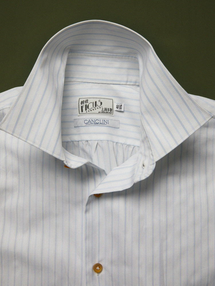 Cotton Pinstriped Spread Collar Handcrafted Shirt - White & Blue/Canclini