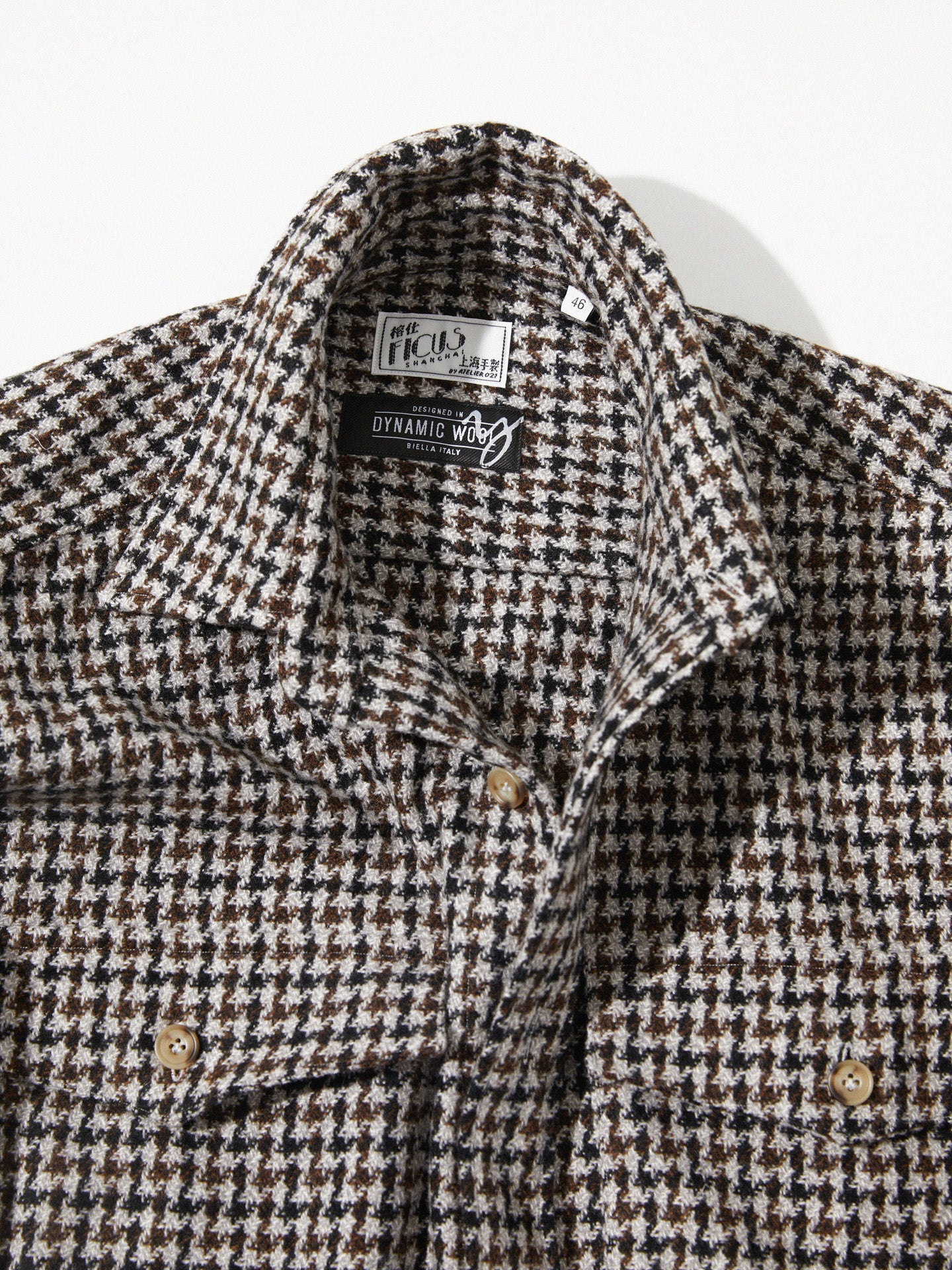 Brown and Black Houndstooth Wool Shirt Jacket -  Yunsa