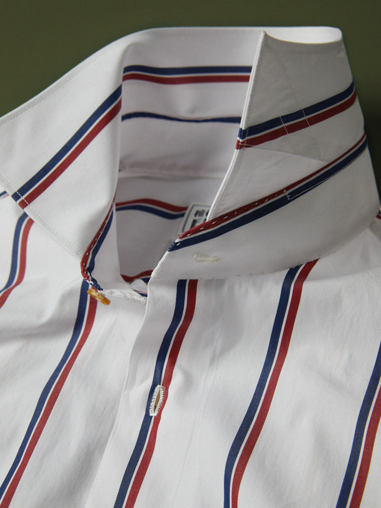 Neapolitan Cotton Double Stripe Spread Collar Handcrafted Shirt - Blue & Red/Piero Tonella