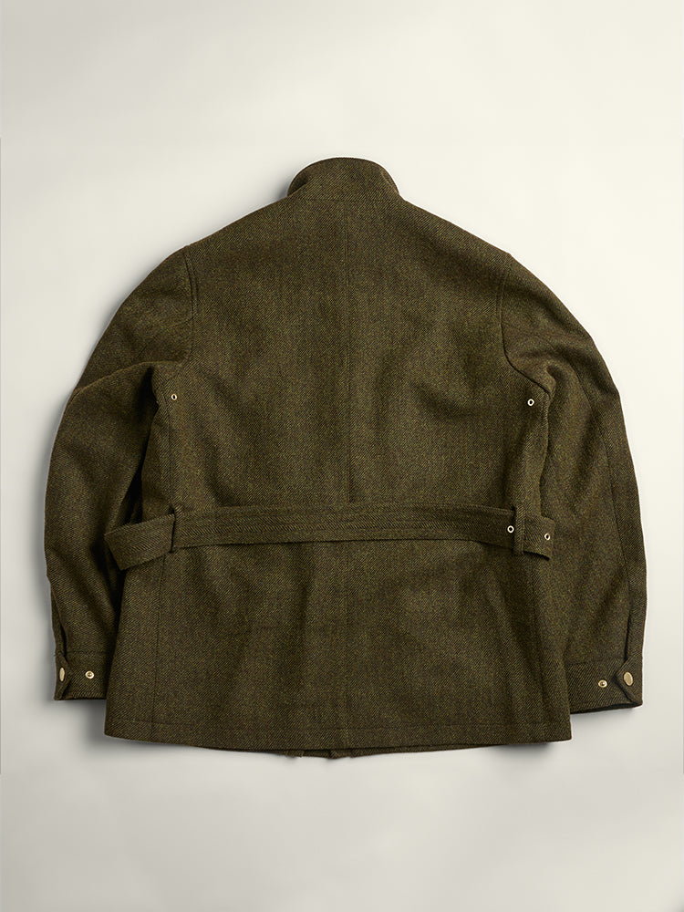 Four-pocket Herringbone Tweed Biker Jacket - Olive Green