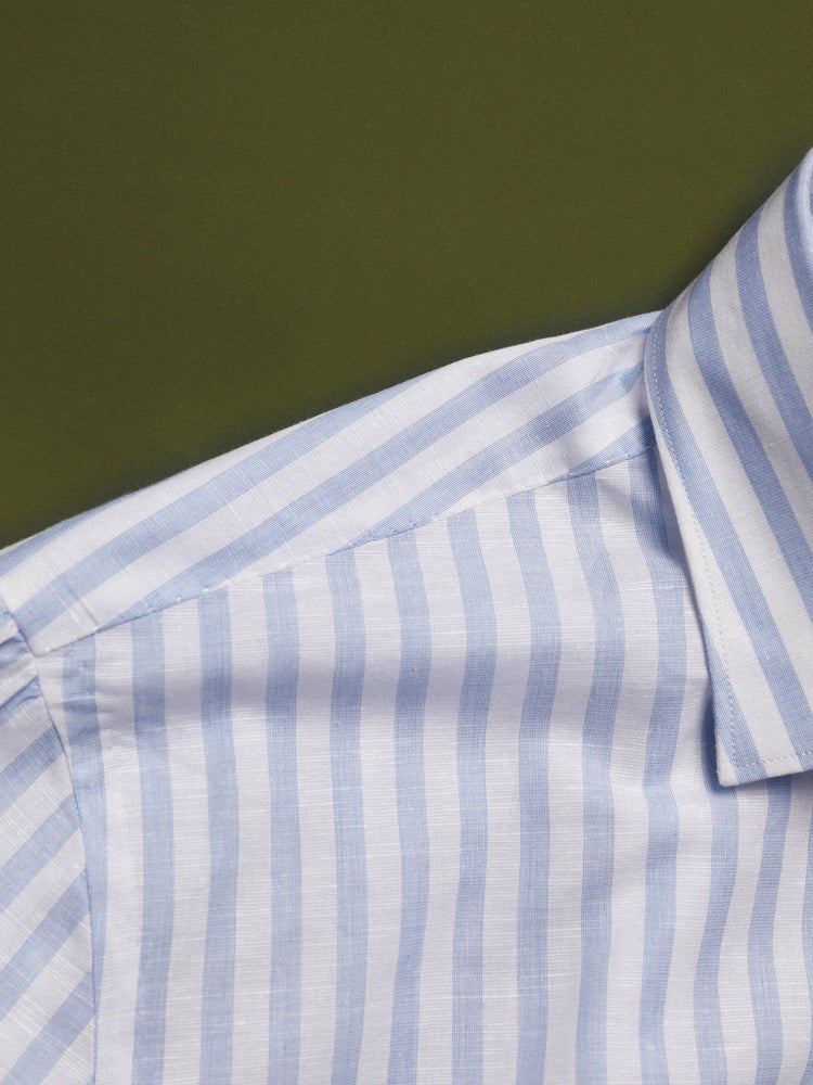 Broad Striped Spread Collar Handcrafted Shirt - White & Blue / Piero Tonella