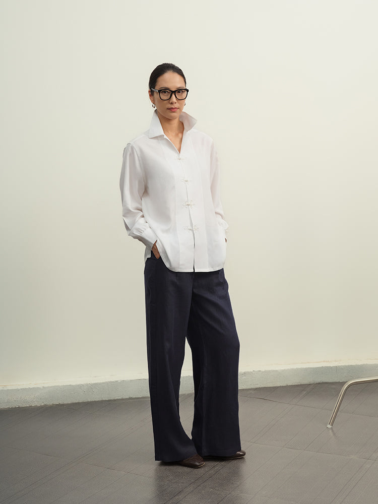 White Camp Collar Frogged Handcrafted Shirt - Women's