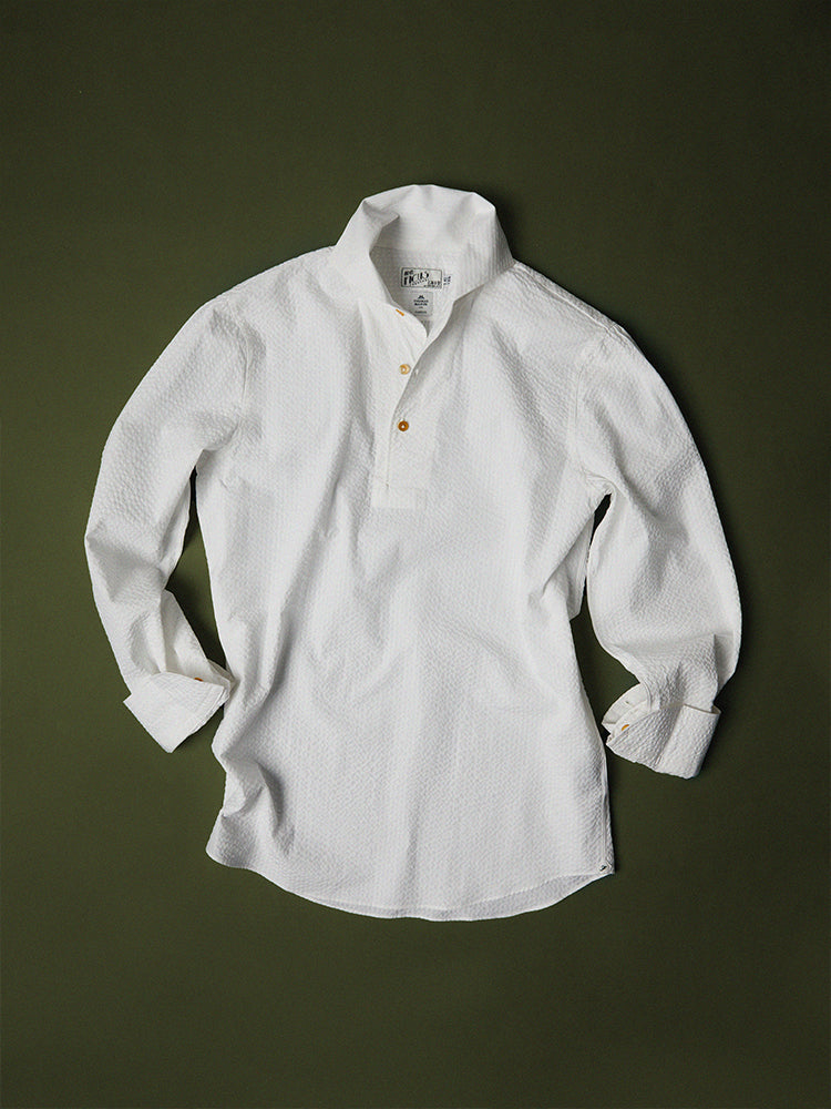 Cotton Seersucker Handcrafted Polo Shirt - White/Thomas Mason