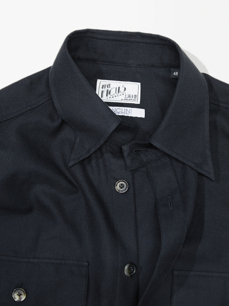Black Herringbone Canclini Cotton/Cashmere Shirt Jacket