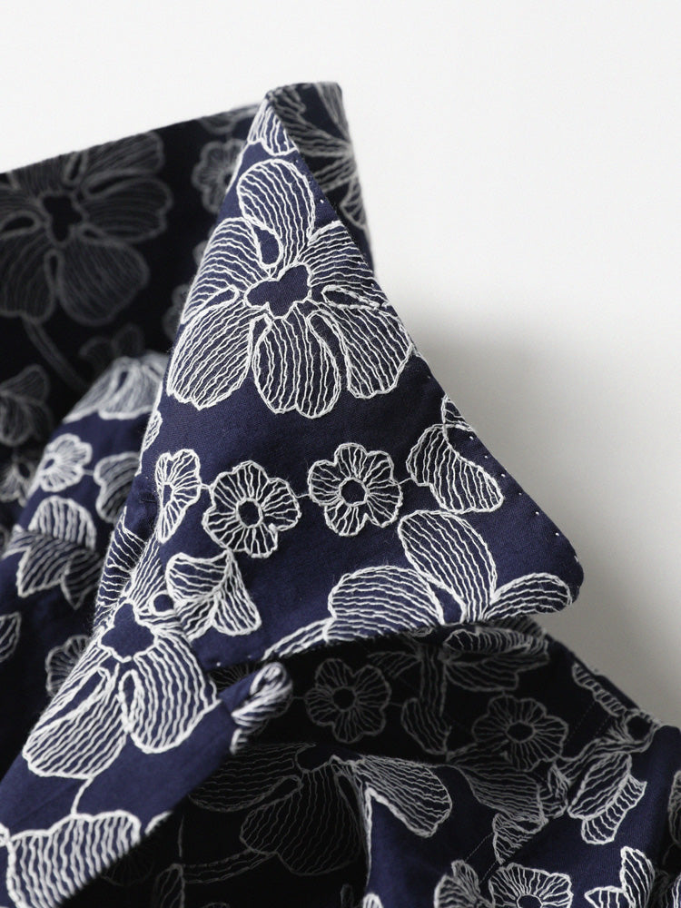 Navy Hand-Embroidered Aloha Shirt