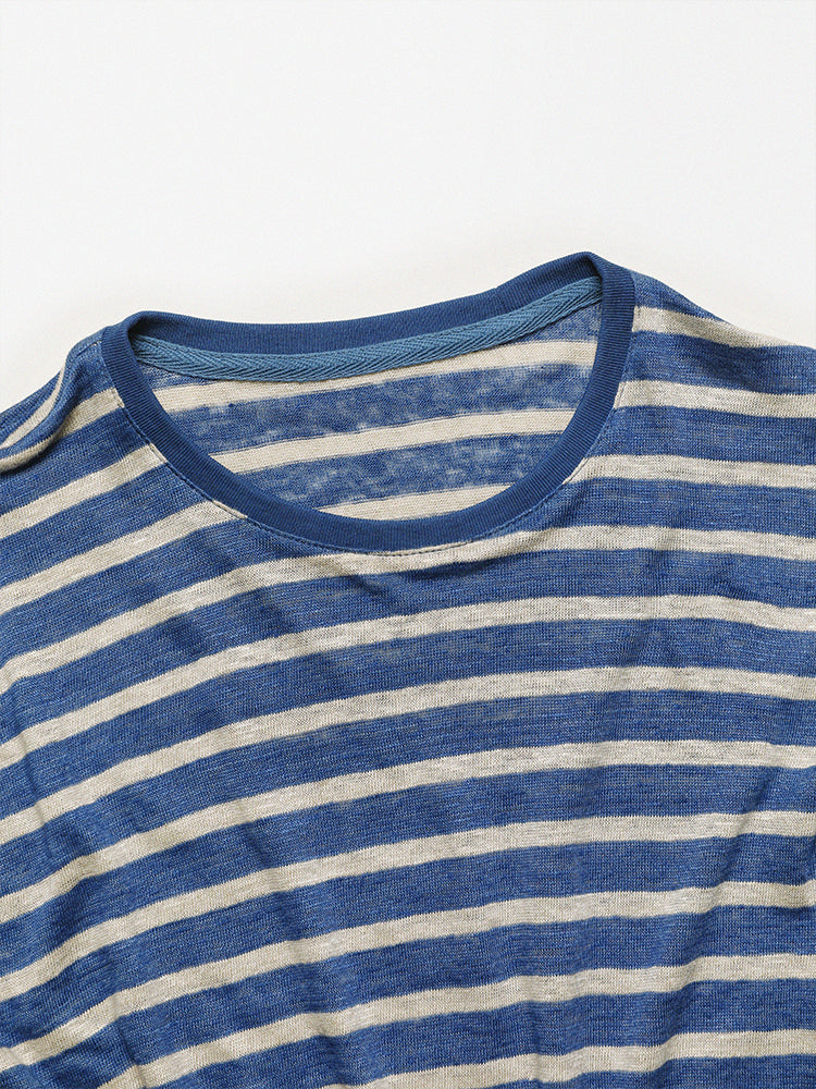PREMIÈRE Linen Stripe Short-Sleeved T-shirt In Blue & White
