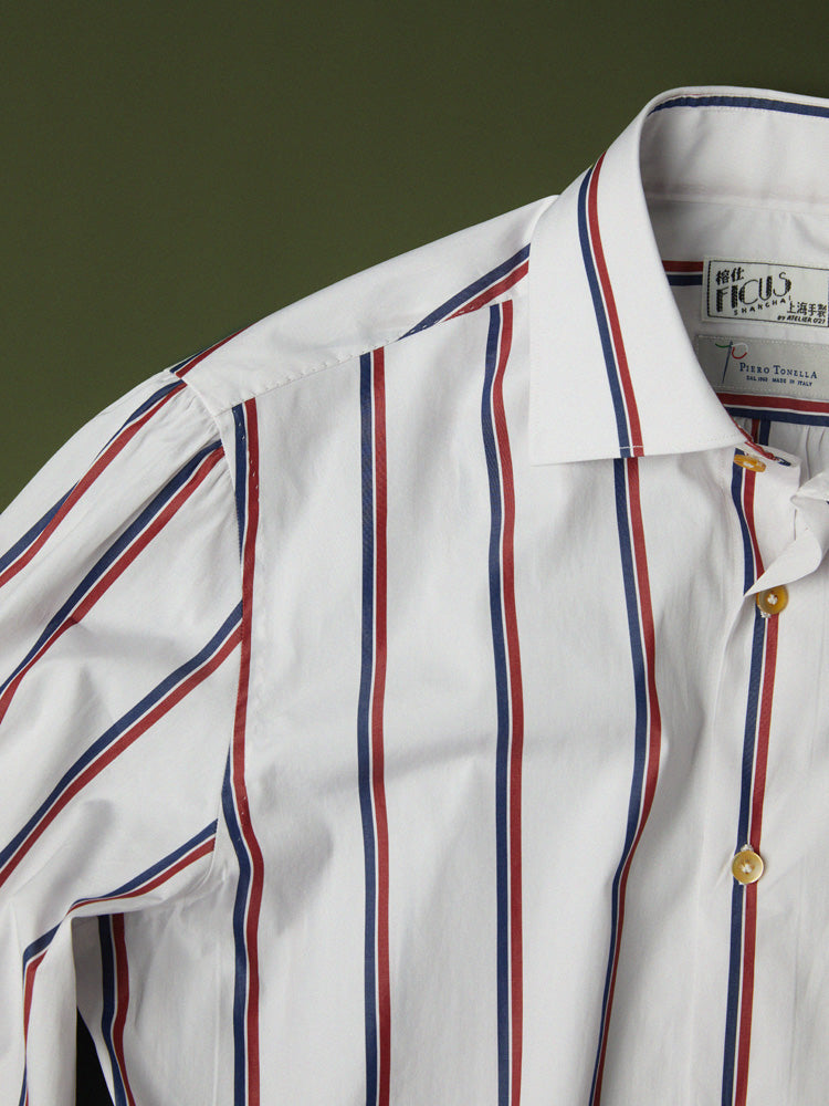 Neapolitan Cotton Double Stripe Spread Collar Handcrafted Shirt - Blue & Red/Piero Tonella
