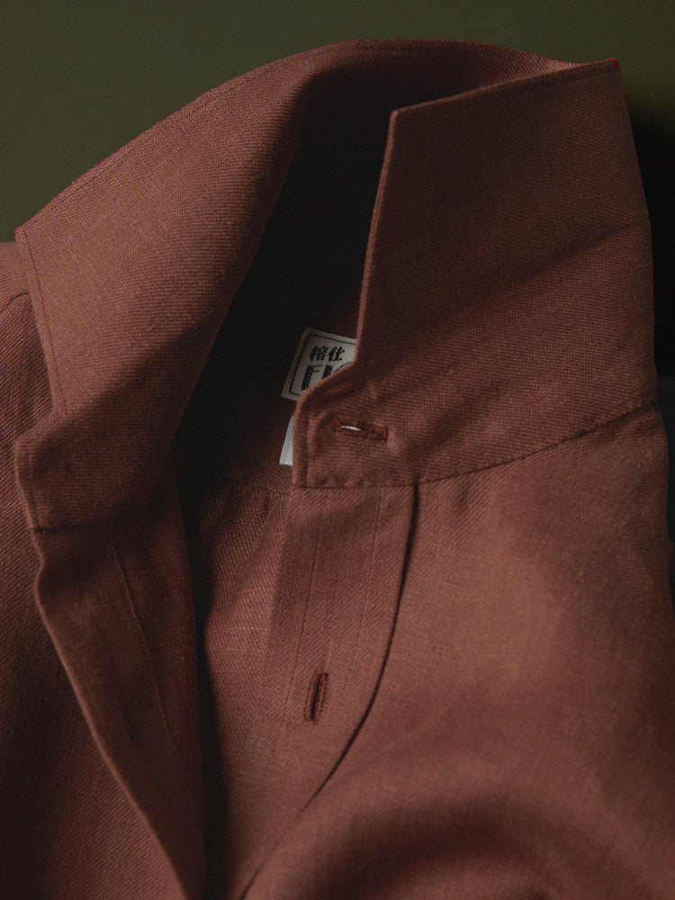 Neapolitan Linen/Silk Half One Piece Collar Handcrafted Shirt - Dark Red/Albini