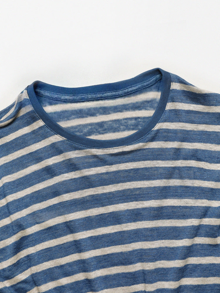 PREMIÈRE Linen Stripe Short-Sleeved T-shirt In Light Blue & White