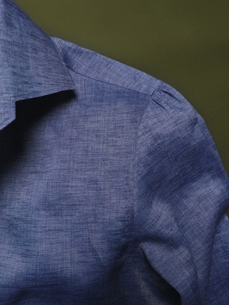 Linen Half One-Piece Collar Handcrafted Shirt - Navy / Albini