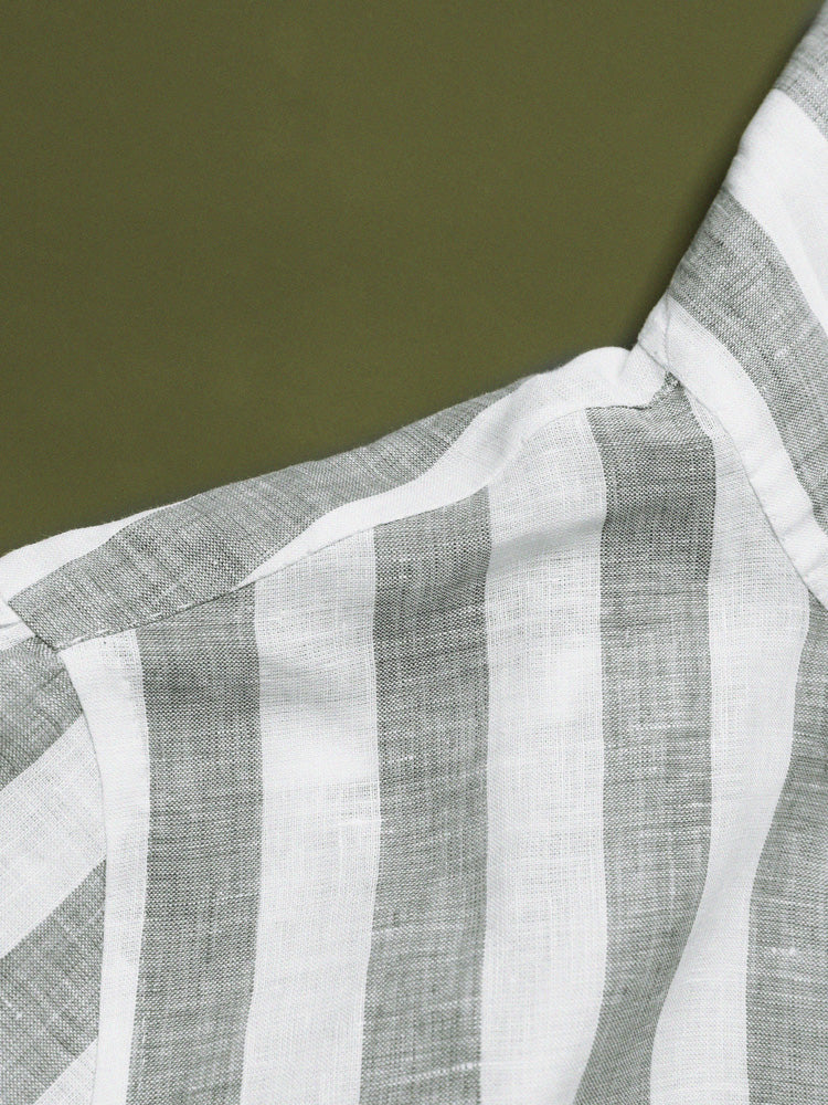 Linen Broad Striped Half One-Piece Collar Handcrafted Shirt - White & Sage / Piero Tonella