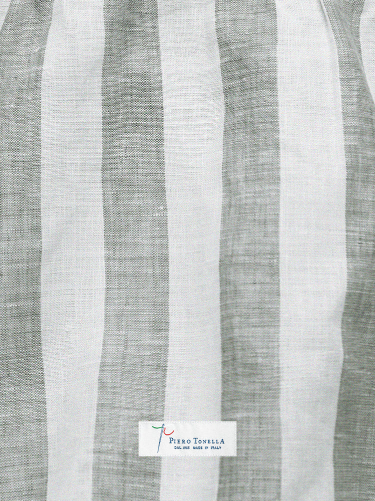 Linen Broad Striped Half One-Piece Collar Handcrafted Shirt - White & Sage / Piero Tonella