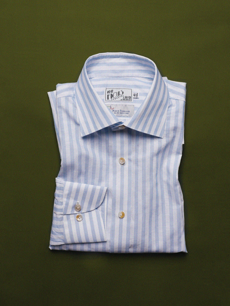Broad Striped Spread Collar Handcrafted Shirt - White & Blue / Piero Tonella