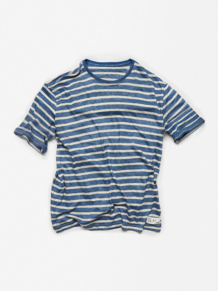 PREMIÈRE Linen Stripe Short-Sleeved T-shirt In Light Blue & White