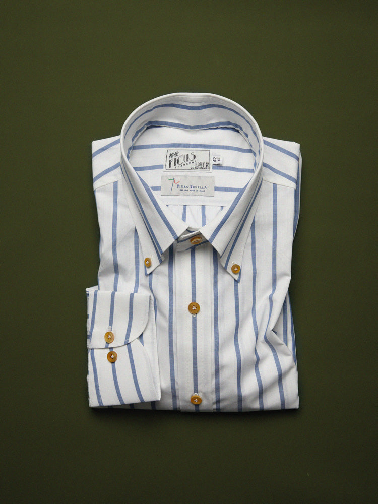 Cotton Wide Stripe Handcrafted Shirt - White & Blue/Piero Tonella