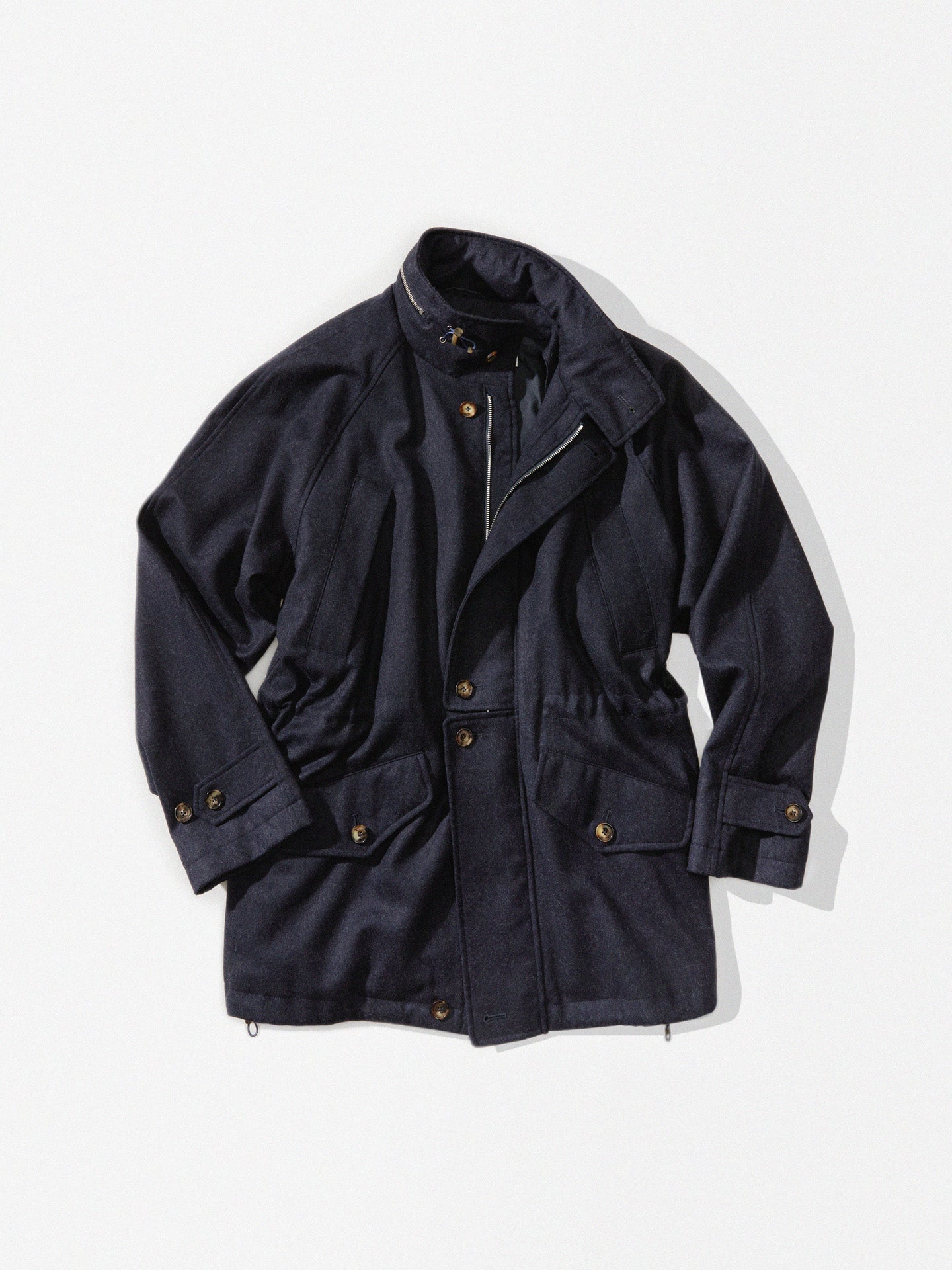 Indigo Water-Repellent Wool Flannel Raglan Sleeve 'Freezer' Coat - Fox Brothers