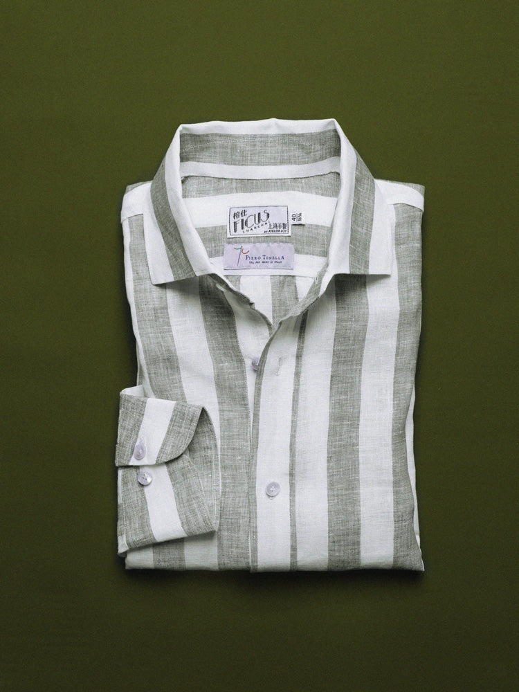 Linen Broad Striped Half One-Piece Collar Handcrafted Shirt - White & Sage / Piero Tonella